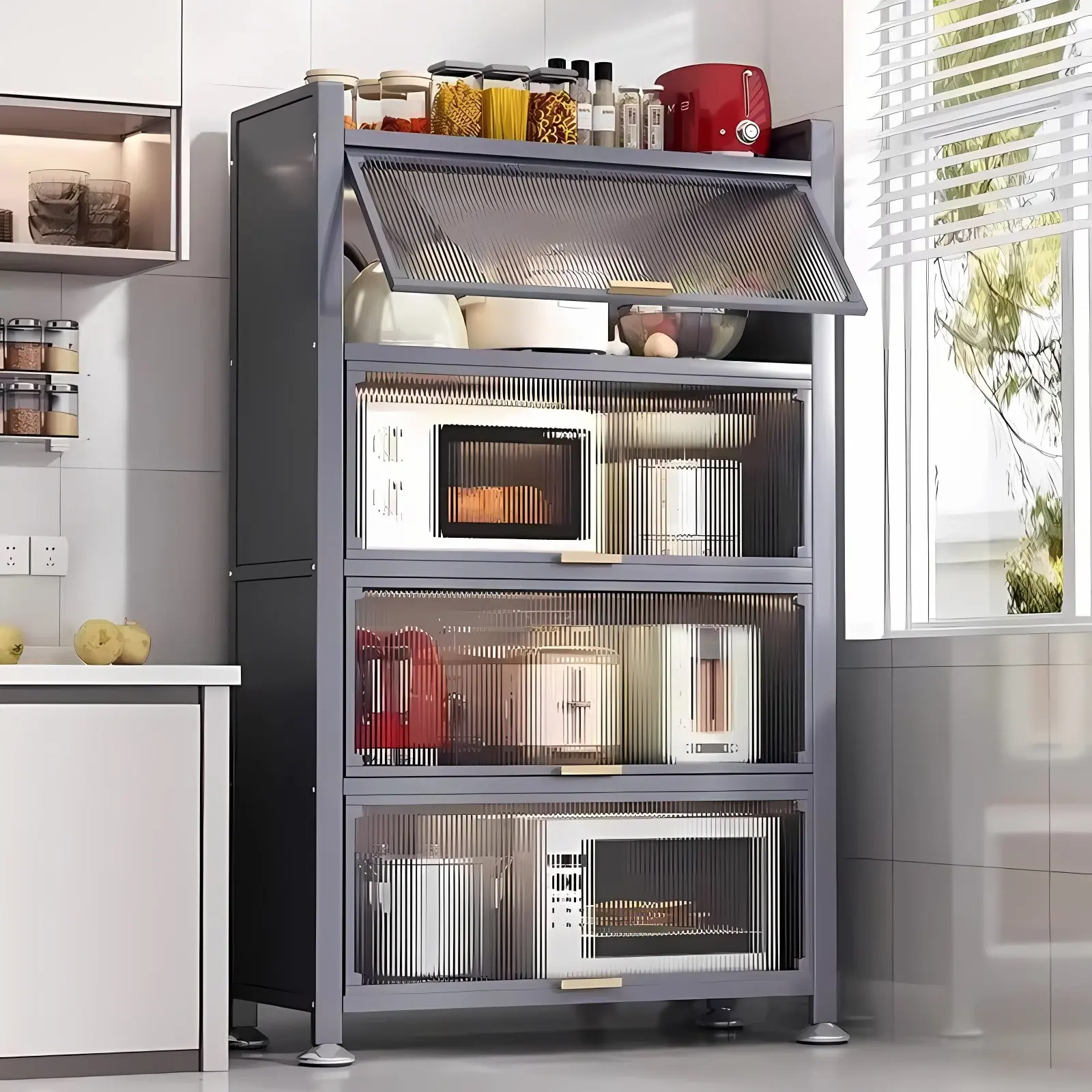 

Kitchen Storage Rack with Hinged Door Carbon Steel Microwave Stand Multi-layer Floor-Mounted Cabinet with Door for Home Use