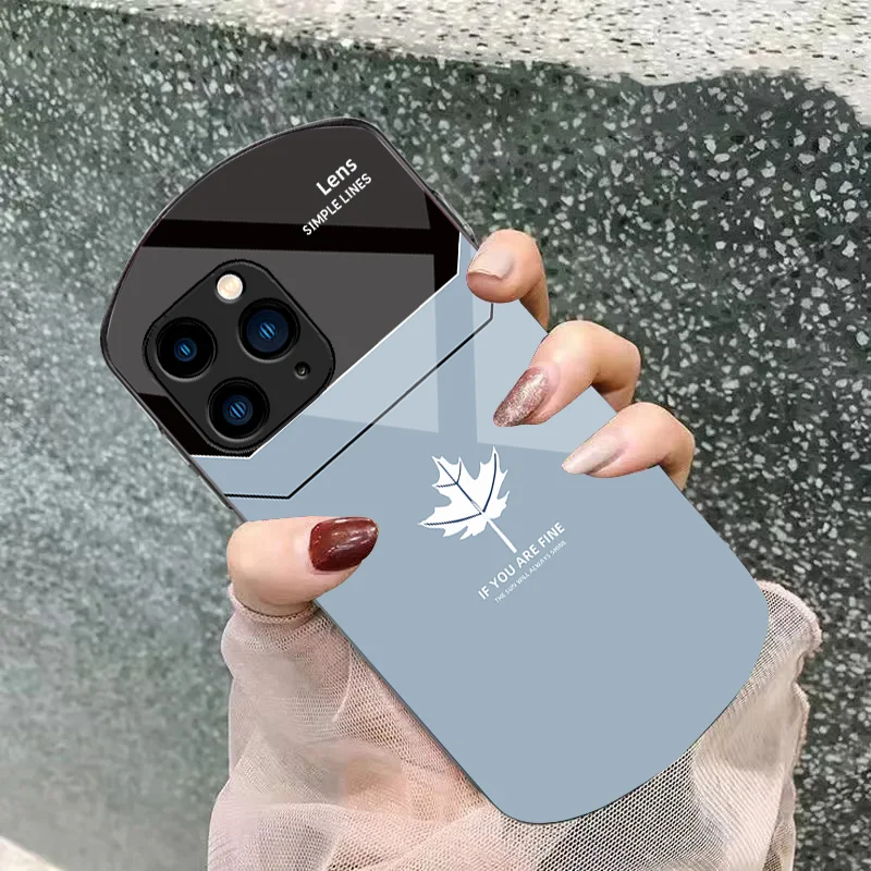 Far Peak Blue Maple Leaf For Iphone 11 12 13 14 15 Pro Max Plus Mini 7 8 Se 2020 X Xs Xr Elliptical Tempered Glass Phone Case