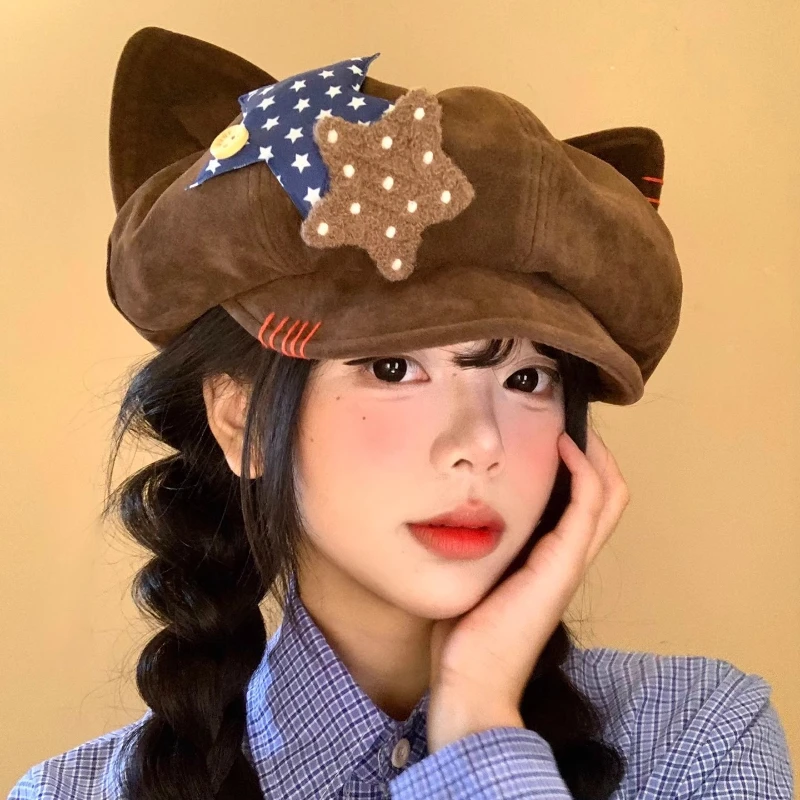 

Милые береты со звездами Y2K с кошачьими ушками для женщин, маленькие осенние и зимние теплые универсальные замшевые восьмиугольные шапки в стиле ретро