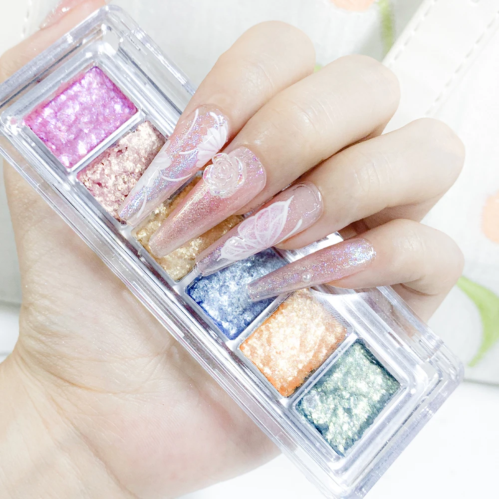 ﻿ 6 kolorów / pudełko Aurora Mermaid Nail Glitter Powder Fairy Brilliant Mud Cloud Brocade Powder Ice Transparent Nail Chrome Dust Flakes