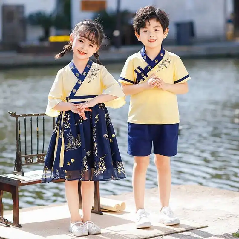 

Boy Girl Summer New Vintage Button Flower Print Hanfu Dress Chinese Style Ancient Two Piece Suit Performance Role Play Costume