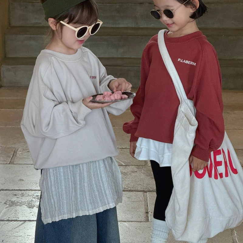 

Girls' Sweater Korean Style 2024 Autumn New Solid Color Retro Printing Long Sleeve Loose Trendy Comfortable
