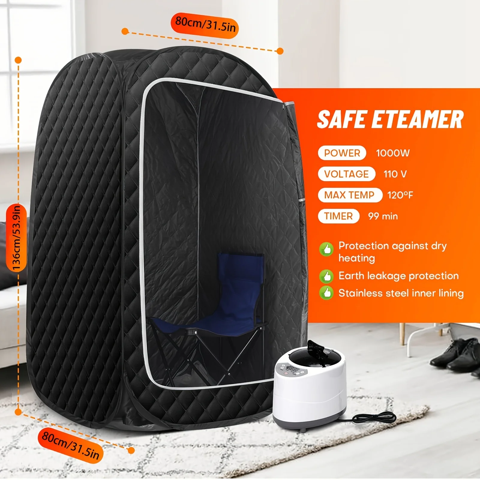 Portable Sauna for Home, at Home Sauna Full Body, Portable Steam Saunas Box Fold-able with 2.6L 1000 Watt Steamer, Folding Chair