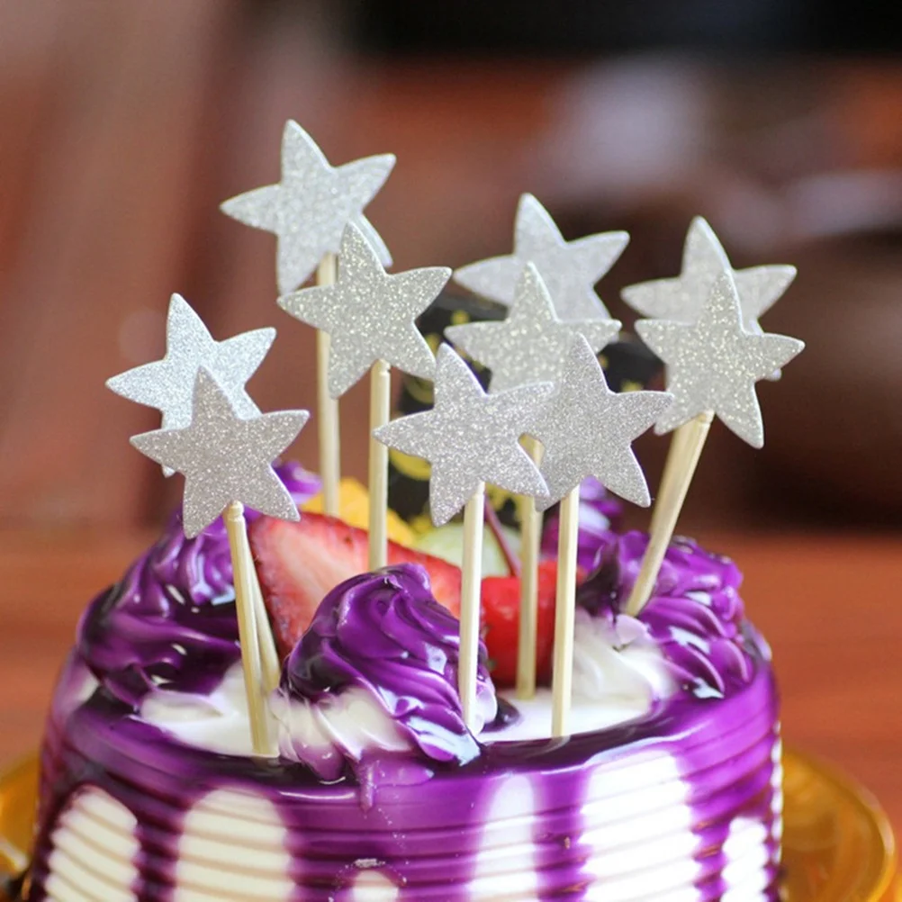 

36pcs Star Cake Toppers Glitter Double-Sided Silver For Birthday Wedding Party Cupcake Decoration Cake Supplies