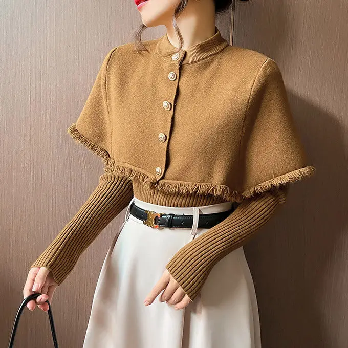 Tassel Cape Shawl Sweater Two-piece Set 2023 New Autumn and Winter Soft Waxy Style Top Long-sleeved Knitted Jacket