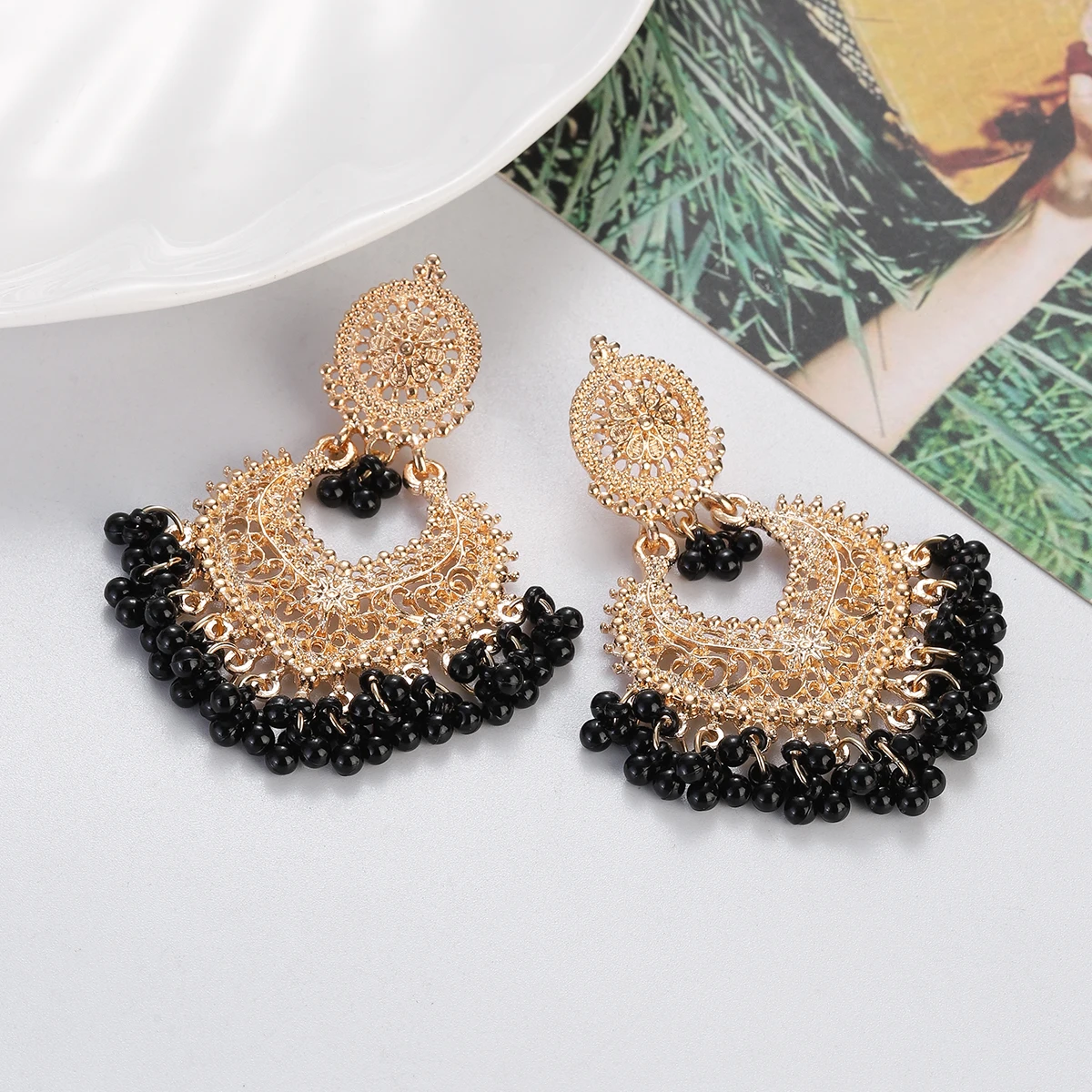 Boho Vintage Peach Heart Beads Tassel Dangle Earrings for Women Gold Color Hollow Carved Wedding Earrings Ethnic Indian Jewelry