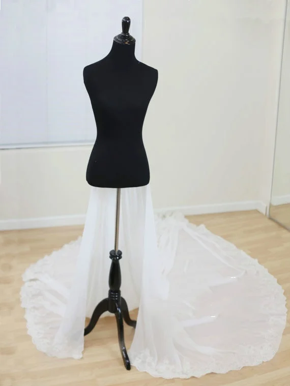 Vestido destacável para casamento, cauda de casamento em chiffon com cauda destacável para casamento, cauda de casamento com renda, comprimento personalizado