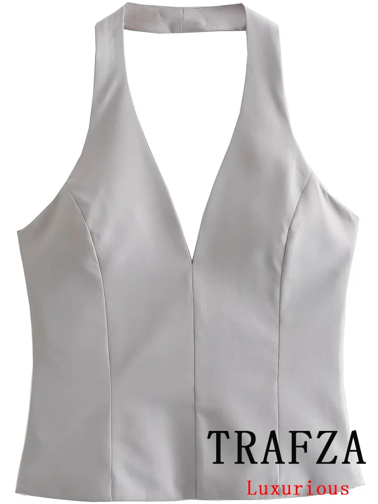 TRAFZA Vintage Casual Sexy Chic Women Tops Solid Zipper O Neck Sleeveless Short Vest Fashion 2024 Spring Party Turtleneck Tops