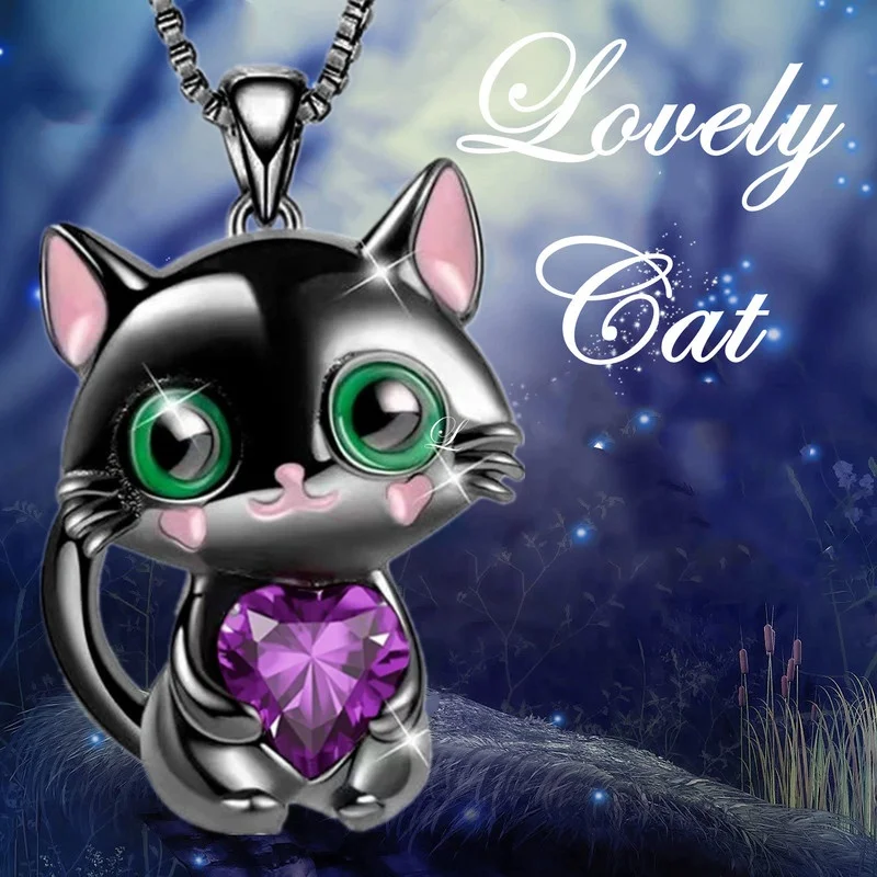 Fashion Creative Black Cat Necklace Heart Crystal Pendant Engagement Necklaces for  Women Animal Jewelry Party Anniversary Gift