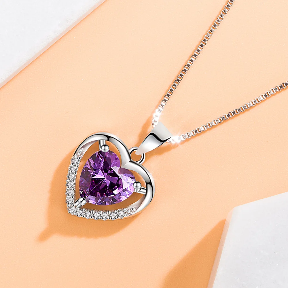 925 Sterling Silver Simple Temperament Eternal Heart Love Zircon Pendant Necklace Birthday Party Anniversary Gift