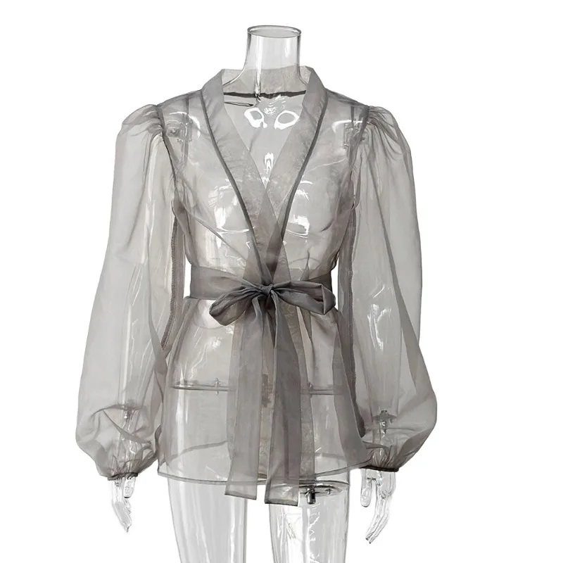 

Spring Summer European American Fashion Women's Clothing Loose Perspective Sexy Blouse Bubble Sleeve Shirt Strap Mesh Top Simple