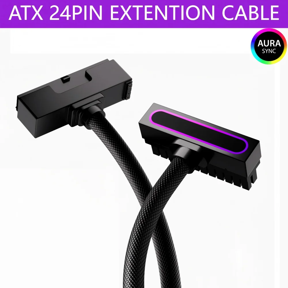 

AIJS ATX 24PIN Extension Cable, ARGB PC Cable with 5V 3Pin,18AWG 90 Degree Right-Angle Design Male-to-Female Connector for PC