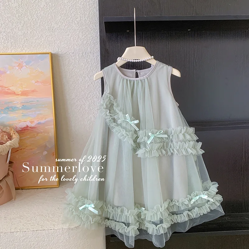 Girls Sleeveless Bow Lace Mesh Dress 2025 Summer Girl Treasure Girls Sweet Dress Fashion Casual Baby Set
