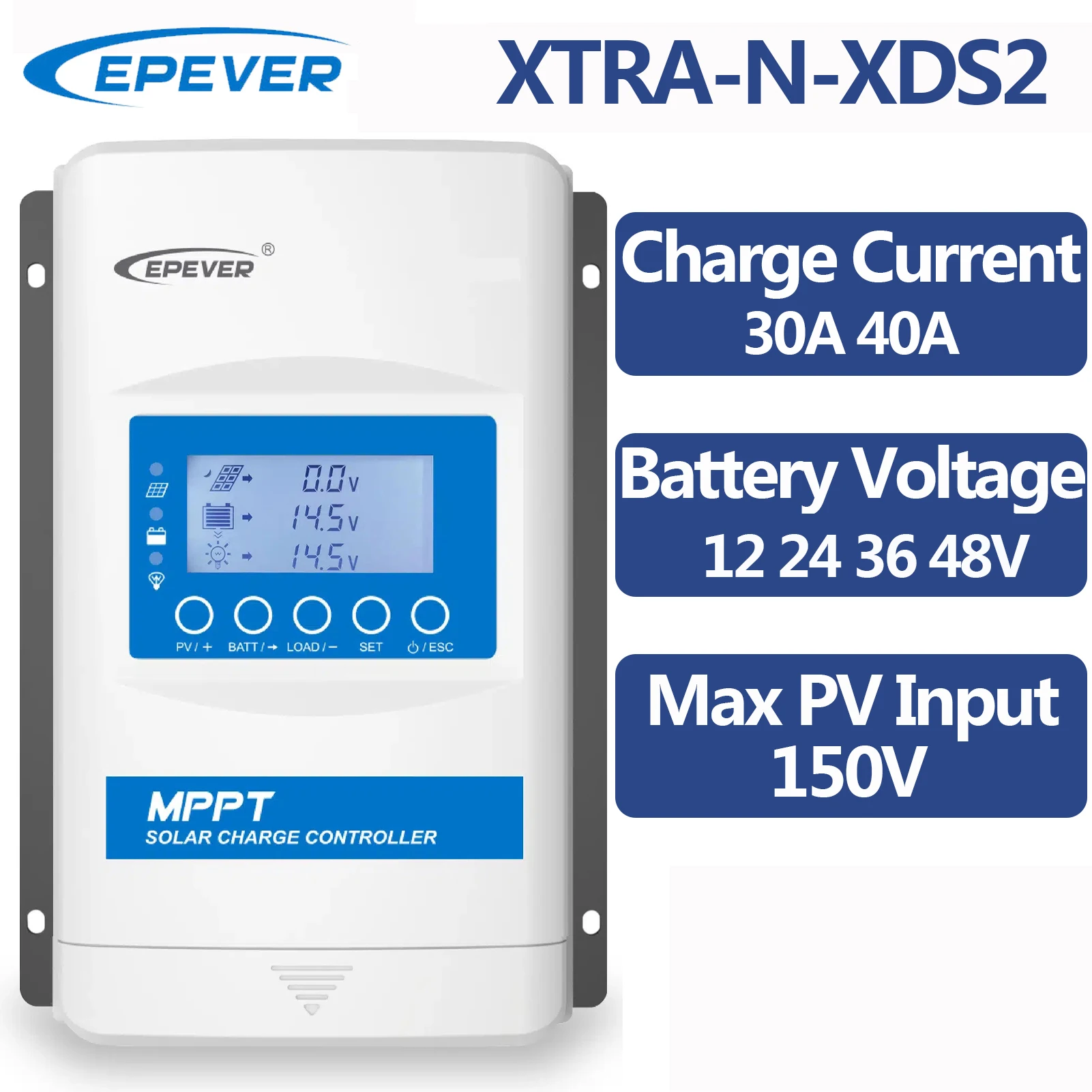 EPEVER 30A 40A MPPT Solar Charge Controller XTRA4415N-XDS2 XTRA3415N-XDS2 Max PV Input 150V Auto Battery Voltage 12 24 36 48V