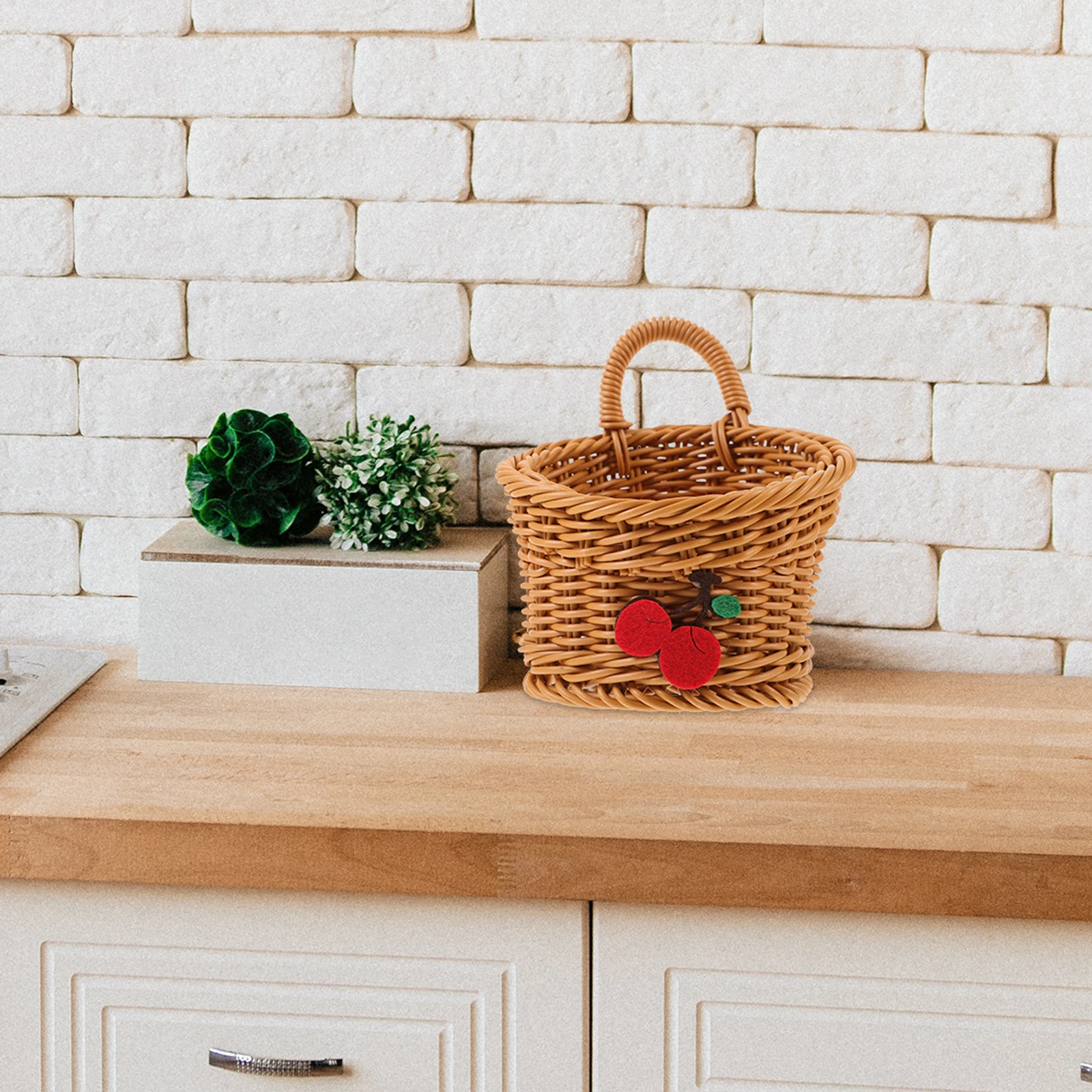

Imitation Rattan Kitchen Storage Basket for Onion Ginger Garlic Wall Hanging Fruit Plate Snack Woven Plastic Brown Cherry Small