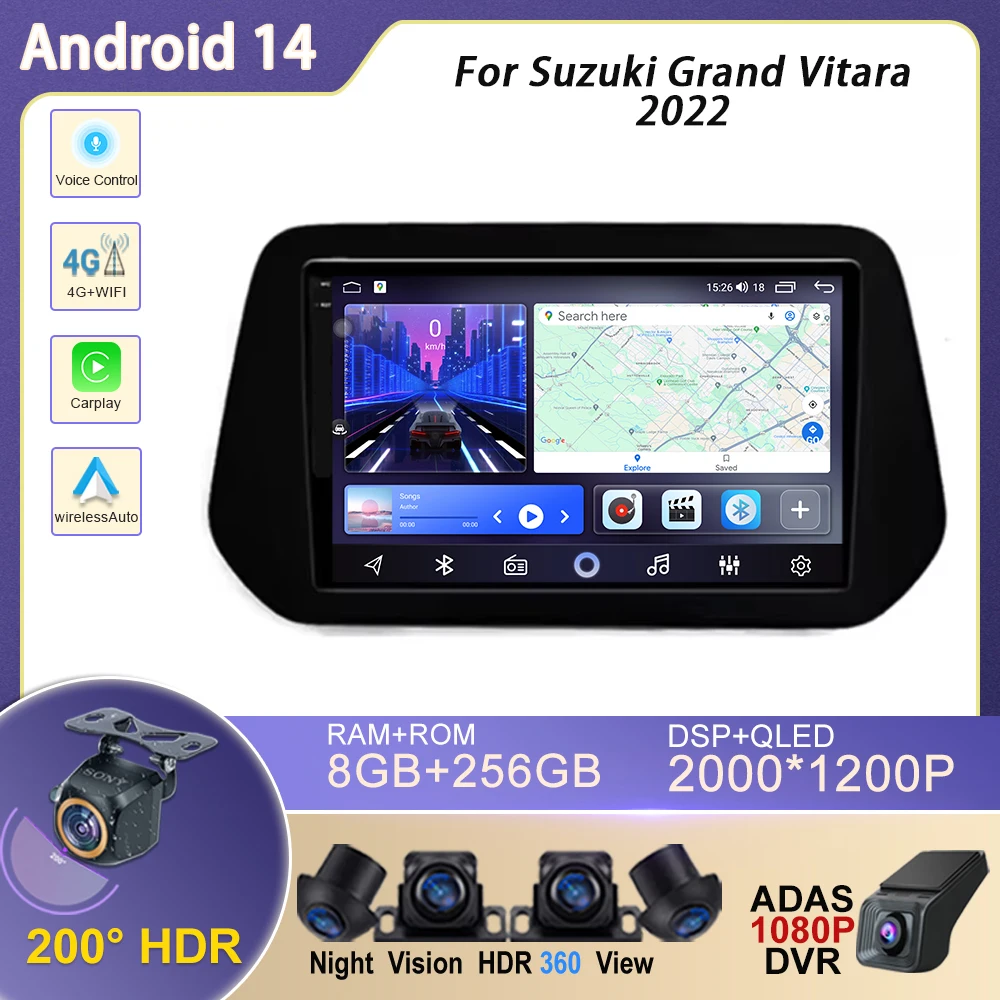 

Android14 Car Multimedia Player For Suzuki Grand Vitara 2022 Wireless CarPlay GPS Split Screen WiFi DSP Stereo QLED Touch Screen