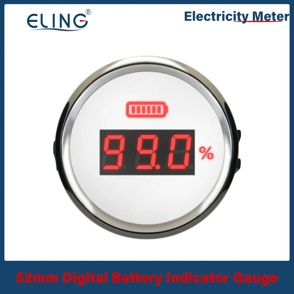 ELING 52mm Digital Battery Charge Level Indicator 0~100% Battery Capacity Meter LED Display with Red Backlight for Car Boat