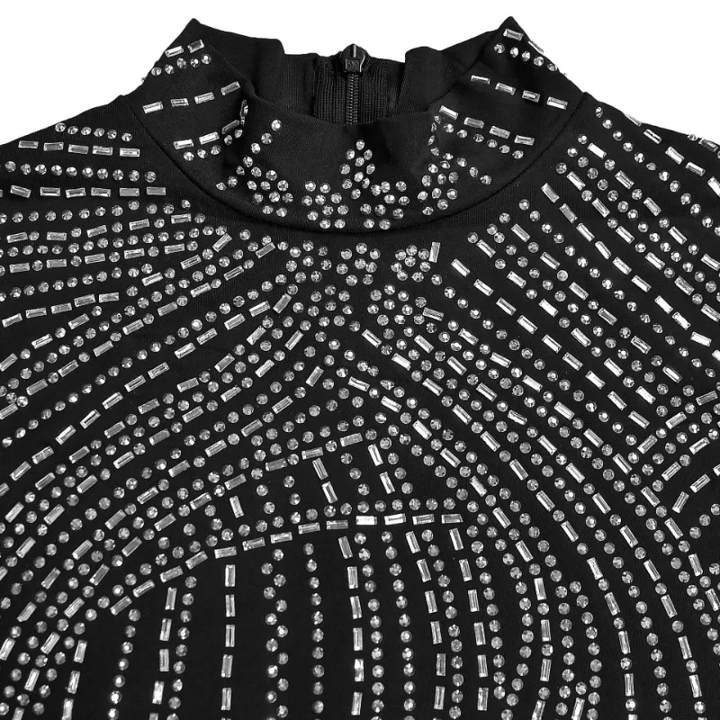 Sukienka mini bodycon z siateczki z naszywkami z diamentów, seksowna sukienka imprezowa damska z golfem, długim rękawem, obcisła, klubowa, modna, na urodziny.