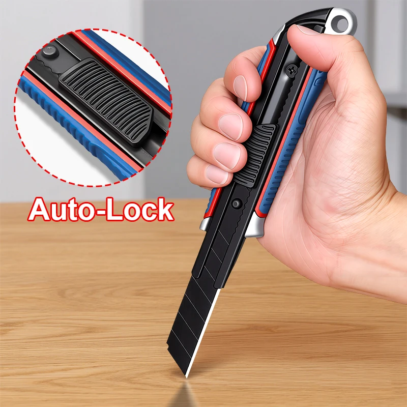 Heavy-Duty Utility Knife with Aluminum Handle - Black SK5 Blade, Accepts 18mm Blades, Anti-Glare Finish for Professional Cutting