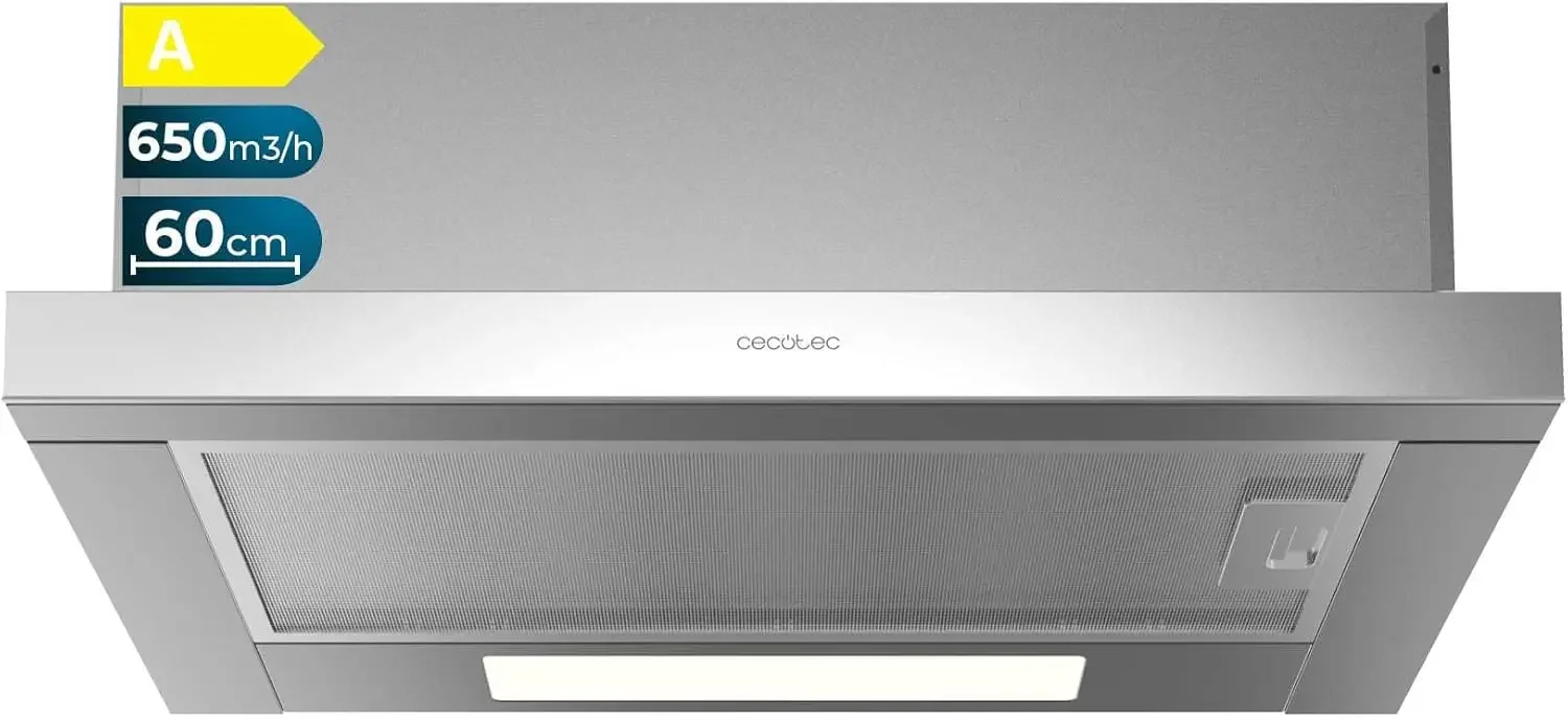 Cecotec Campana Extractora Telescópica 60 cm Bolero Flux TLM 606500 Inox A. Motor 165W, Potencia Succión 650m3/h, Control Mecáni