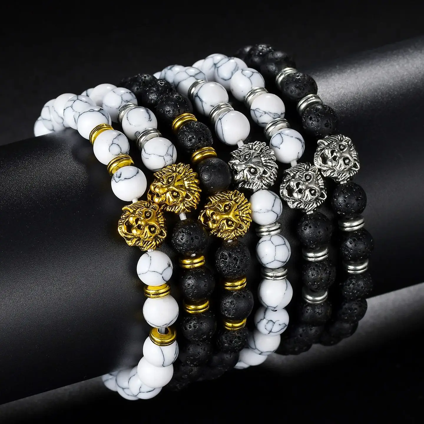 Punk 8mm Natural Stone Men\'s Lion Head Beaded Strand Bracelet Goth Lava Bangles Wristband Women Jewelry Boyfriend Gift