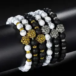 Punk 8mm Natural Stone Men's Lion Head Beaded Strand Bracelet Goth Lava Bangles Wristband Women Jewelry Boyfriend Gift