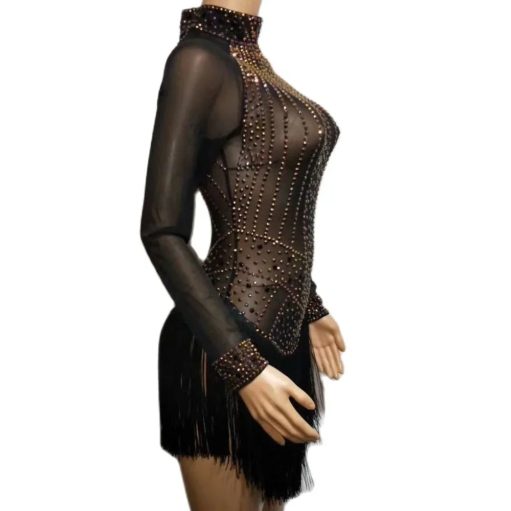 Women Black Tassel Sparkling Rhinestone Sexy Club Dress Mesh See Through Outfit Party Show Performance Stage Wear 2025NEW