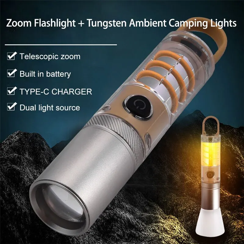 Dual Source Strong LED Tungsten Lamp Telescopic Zoom Flashlight Waterproof Outdoor Camping Work Light Bright Torch With Hook