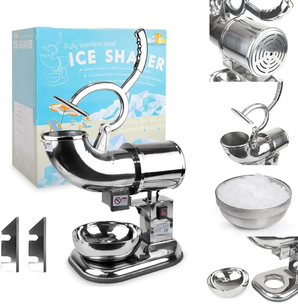 Stainless Steel 440 lbs/hr Electric Ice Shaver Machine with Two Extra Blades 250W Ice Crusher Snow Cone Maker Machines