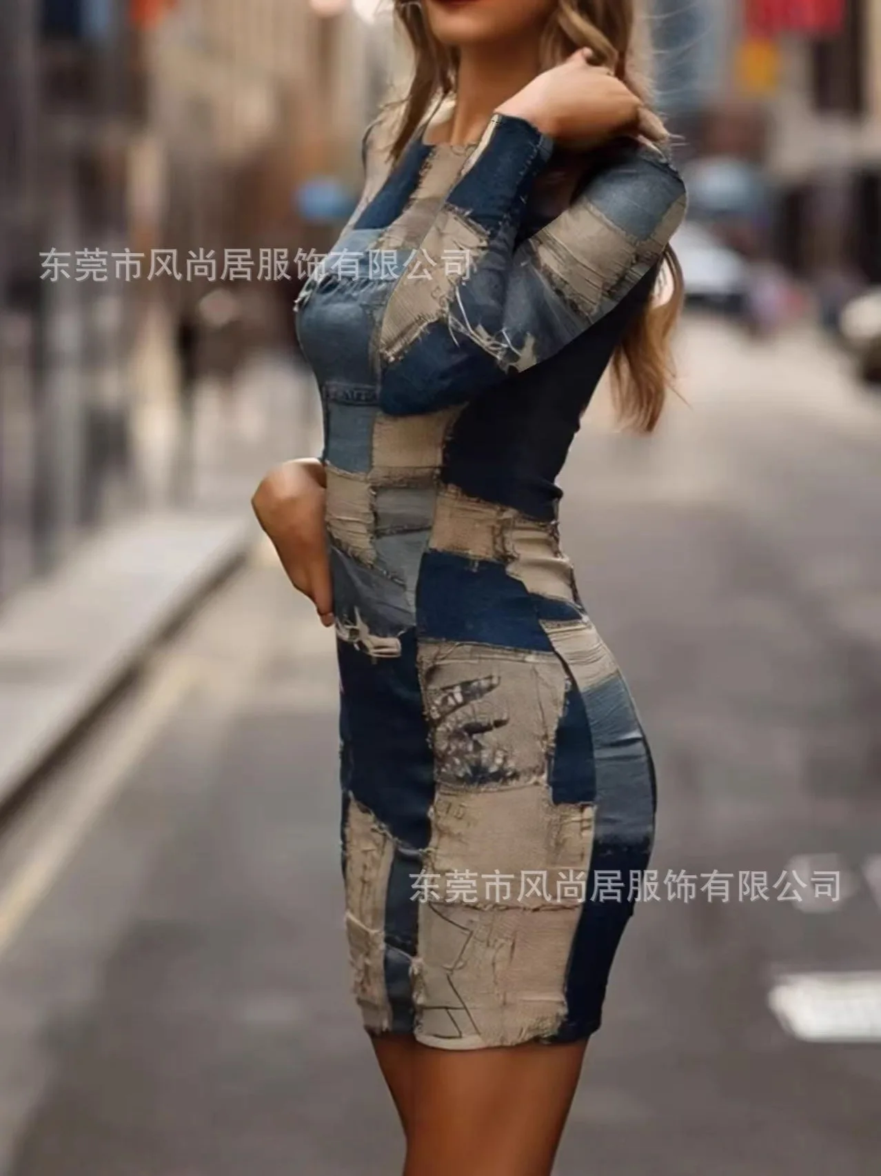 

New Spring Autumn Faux Denim Patchwork Print Dress Women Slim Fit Bodycon Retro Street Style Long Sleeve Hip-hugging Dress