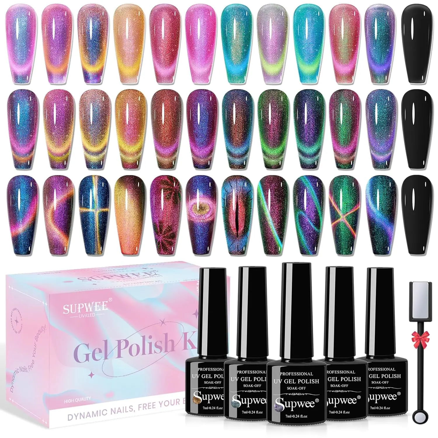 

12 Colors Cat Eye Gel Polish with Magnetic Stick, Chameleon Effect Galaxy Nail Art Set for Home DIY Manicure