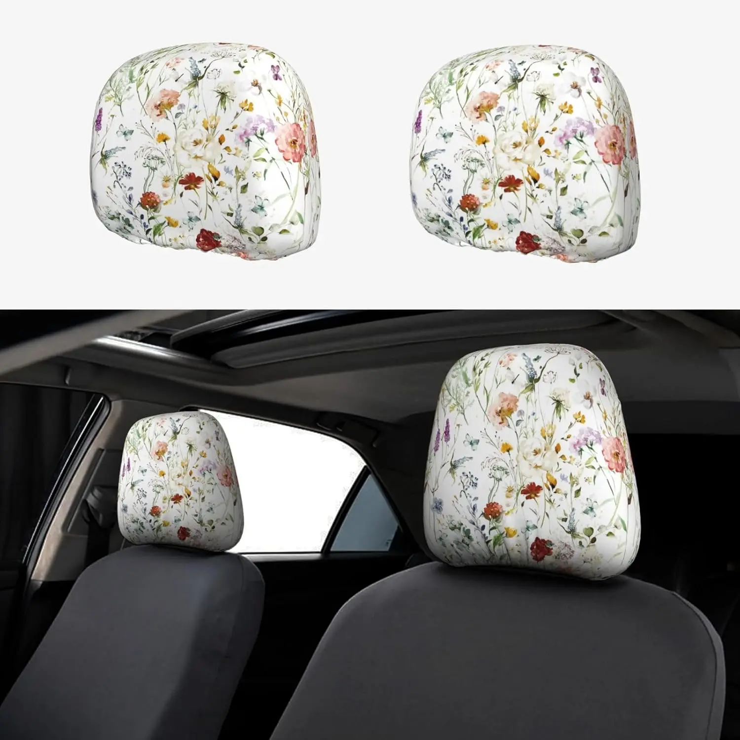 2 PCS Car Headrest Cover Watercolor Flowers,Universal Soft Elastic Easy to Install Dirt-Resistant Set Head Rest Protectors