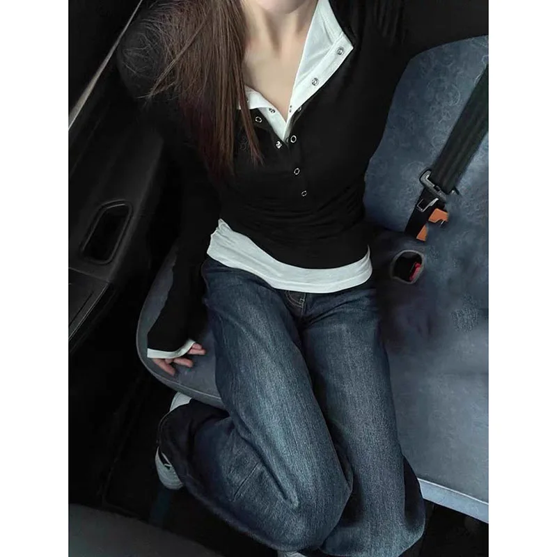 2026 frühjahr Neue Langarm T-Shirt für Frauen Sexy Hot Girl Retro Gefälschte Zwei-Stück Y2K Tops Koreanische patchwork Kontrast T Shirts