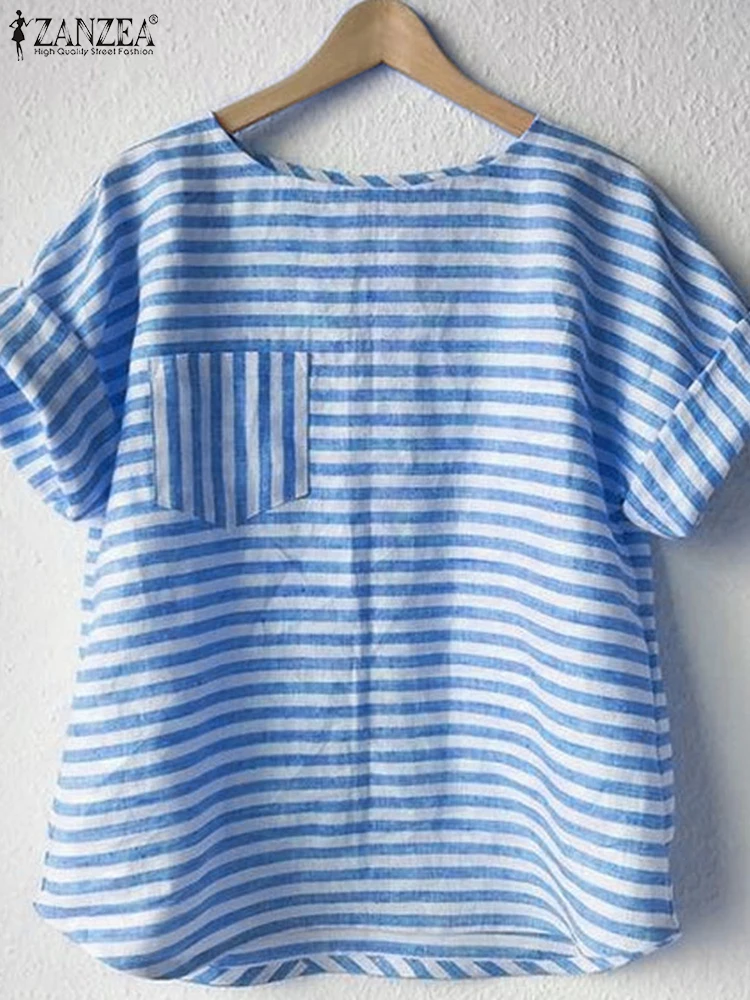 ZANZEA T-Shirts rayés femmes T-Shirts d'été 2025 décontracté ample col rond tuniques mode bohème imprimé T-shirts poche hauts