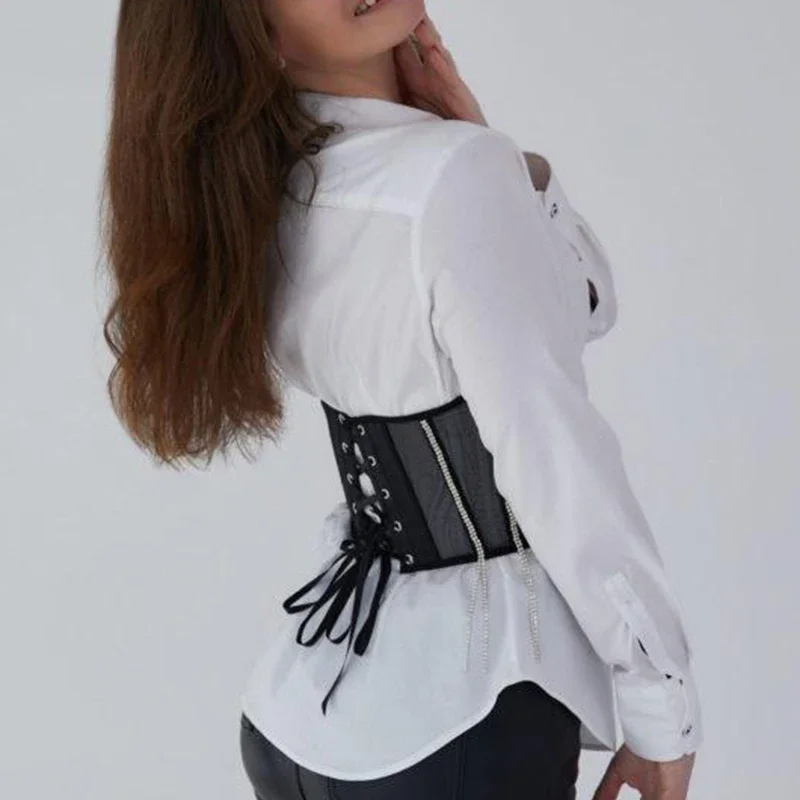 Women Underbust Corset Belt Luxury Diamonds Tassel Sexy Black Cummerbunds Streetwear NightClub Evening Party Stage Costume