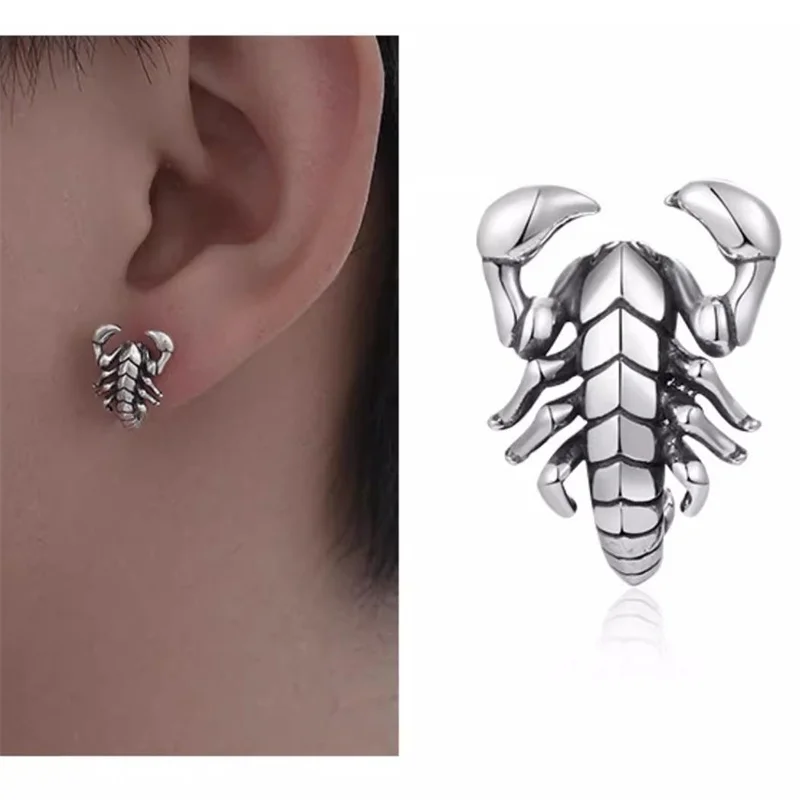 Retro Personalized Pattern Scorpion Earrings Men's Jewelry Trendy Hip Hop Style Hollow Animal Earrings Silver 925 Needel Male