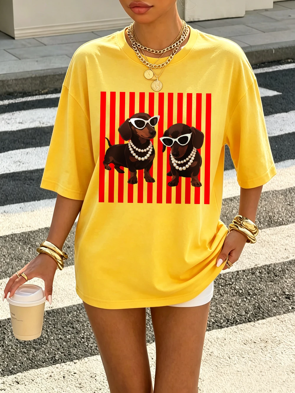 Pearl Dachshund Hundemotiv T-Shirts Baumwolle Damen Sommer Kurzarm T-Shirt Lässige Weiche Oversized Tops Basic O-Ausschnitt Kleidung – Detail 20