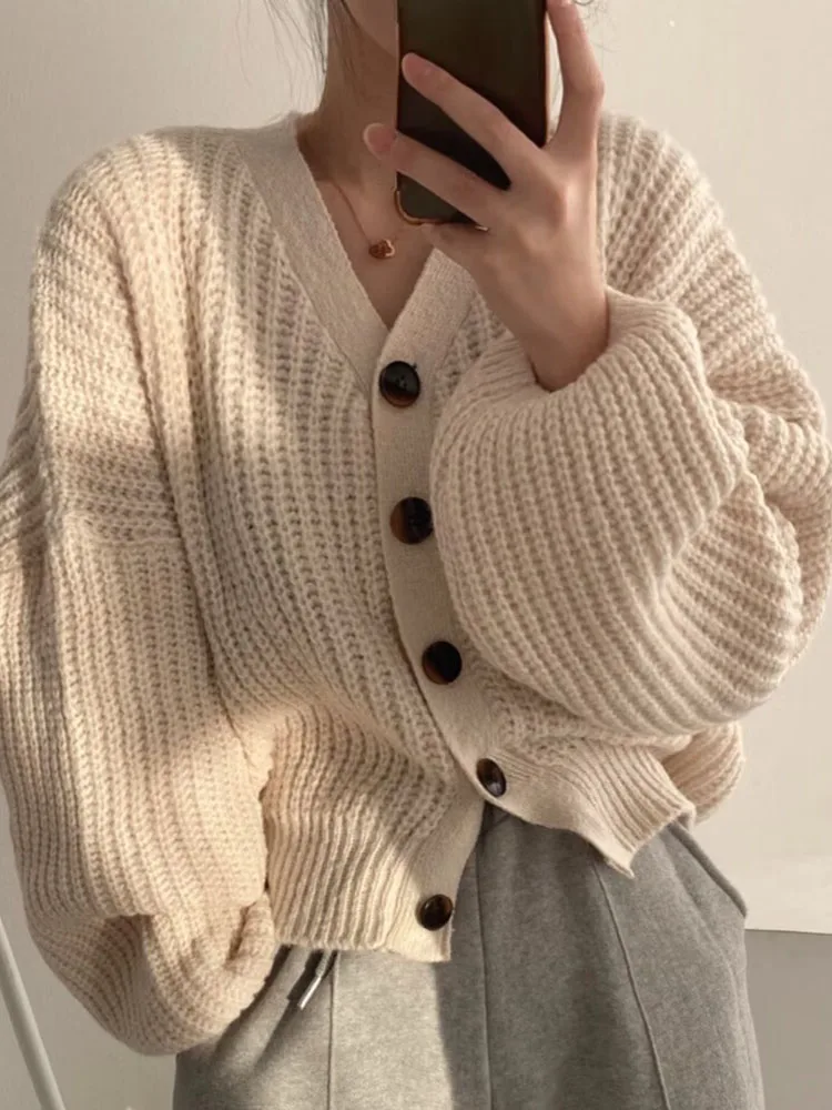

Новинка 2025, осенний корейский женский свитер, пальто, свободная большая версия, теплый вязаный кардиган с рукавами-фонариками для женщин, горячая распродажа