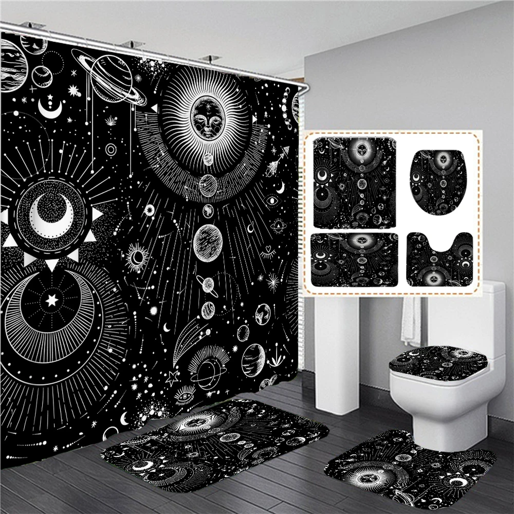 Black White Sun Moon starry Shower Curtain Set Bathroom Shower Curtain Non-Slip Bath Mat Toilet Lid Cover Polyester Waterproof