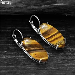 Big Vintage Eye Shape Natural Tiger Eye Earrings For Women Antique Silver Plated Natural Stone Claw Fashion Jewelry