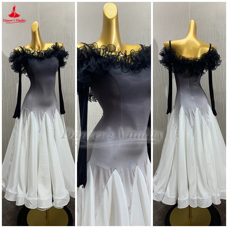 

Женское платье для бальных танцев с длинным рукавом, белое, серое, постепенное изменение цвета, стиль листьев лотоса, платье с вырезом, одежда для вальса и танго