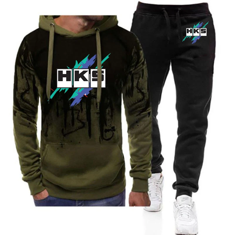 HKS Power and Sports Print 2026 Spring Autumn Men's New Gradient Color Hooded Sweatshirt Tops + Pants Casual Suit