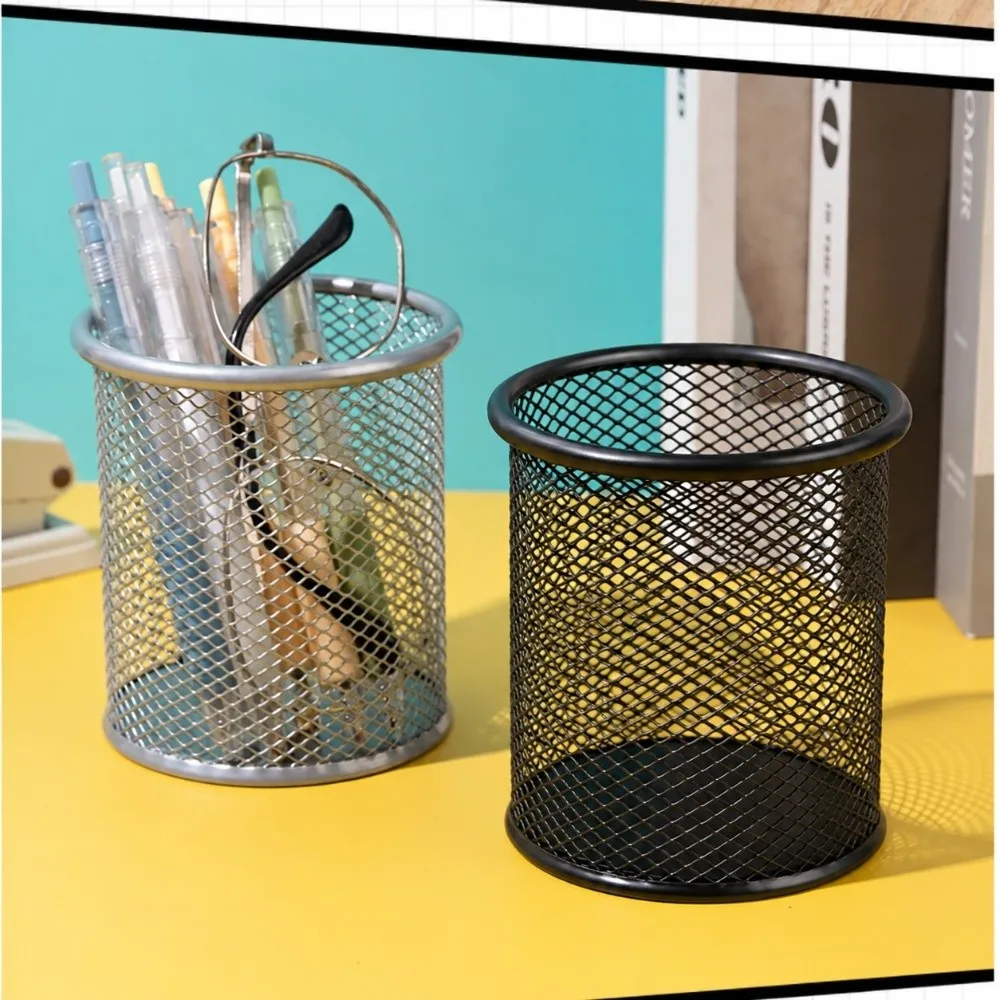 2 pcs Decorative Metal Pen Holder Multi Colors Round Desktop Organizer Solid Mesh Storage Tube Home Tabletop