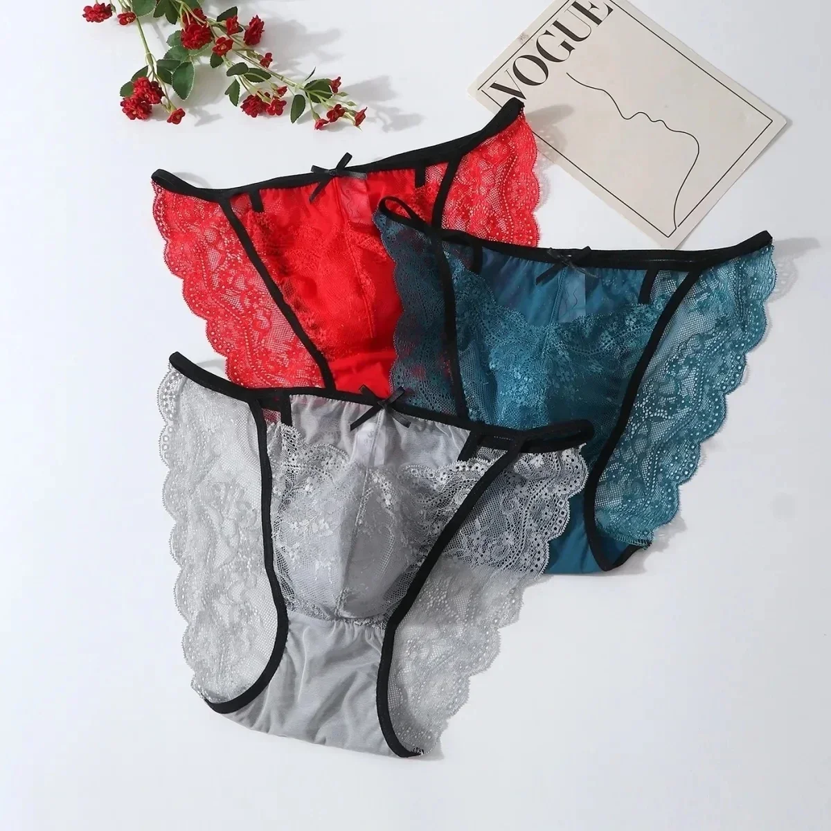 Man's Sexy Lace See Through Red Blue Briefs Low waist bow Panties Live Show Dance DJ Club Private Party FKK BF Gift Panty