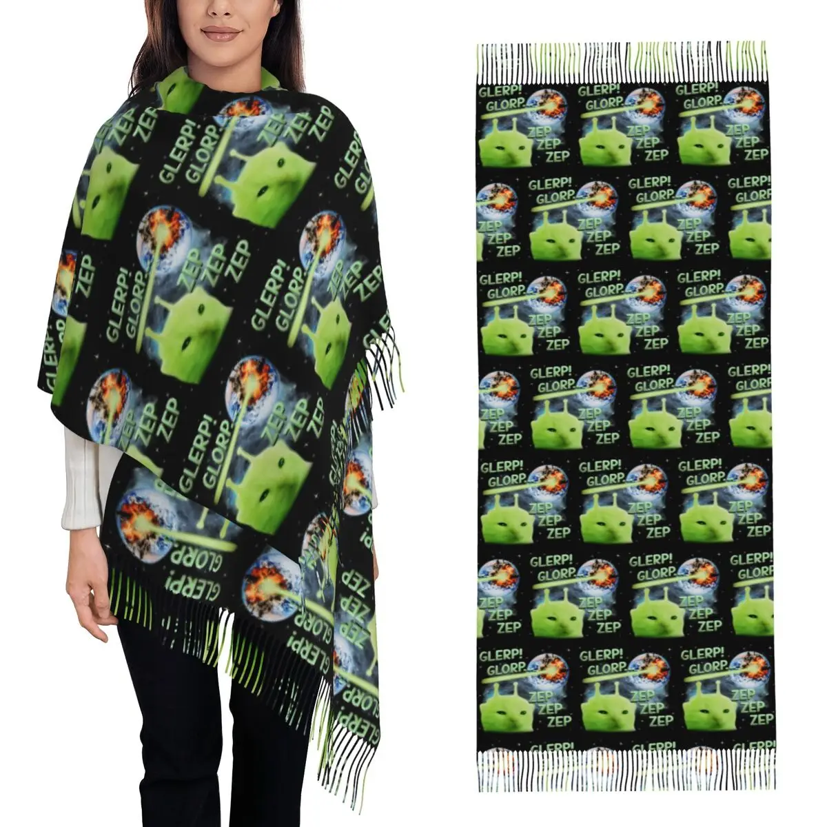 Glerp Glorp Alien Cat Weird Brainrot Meme Space Humor Scarf Tassel Scarves for Women Soft Warm Shawls and Wraps Large Shawl Wrap