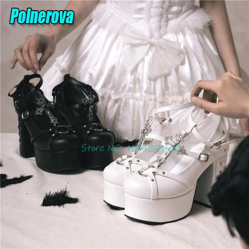 

Gothic Style Metal Cross Mary Jane Shoes White Black Round Toe Platform Pumps Punk Thick Soled High Heels Cosplay Women Shoes