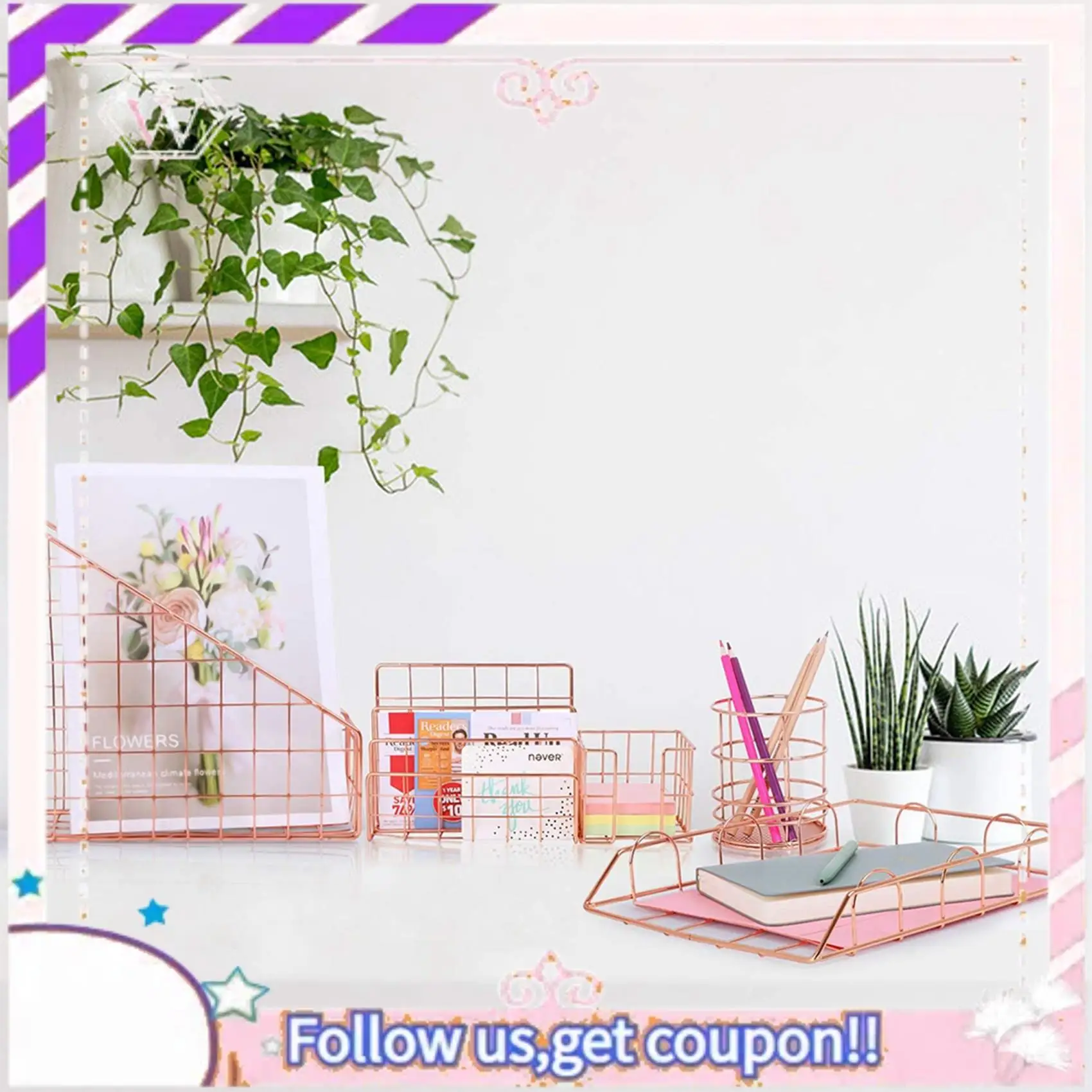 Y74A-2X رف الكتب المكتبي سطح المكتب الذهب الوردي كتلة الكتب المعدنية ثلاثة طبقة سطح المكتب مجلة الرف حامل كتب #2