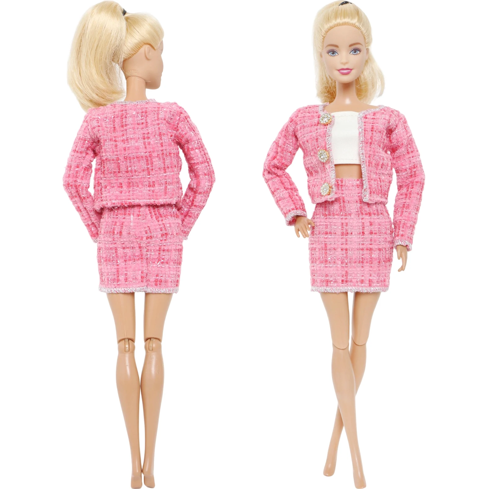 BJDBUS Handmade Doll Dress Pink Plaid Long Sleeves Suit Mini Skirt Autumn Clothes for Barbie Doll Dollhouse Accessories DIY Toys