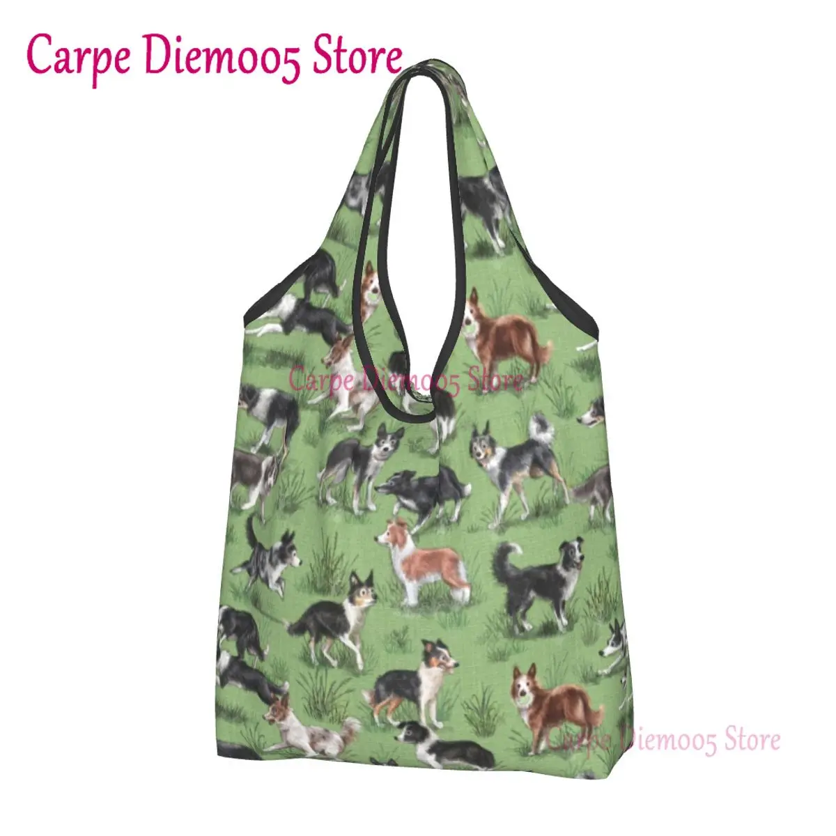 Kawaii Print Kawaii Border Collie Dog Tote Shopping Bags Portable Shoulder Shopper Pet Animal Handbag