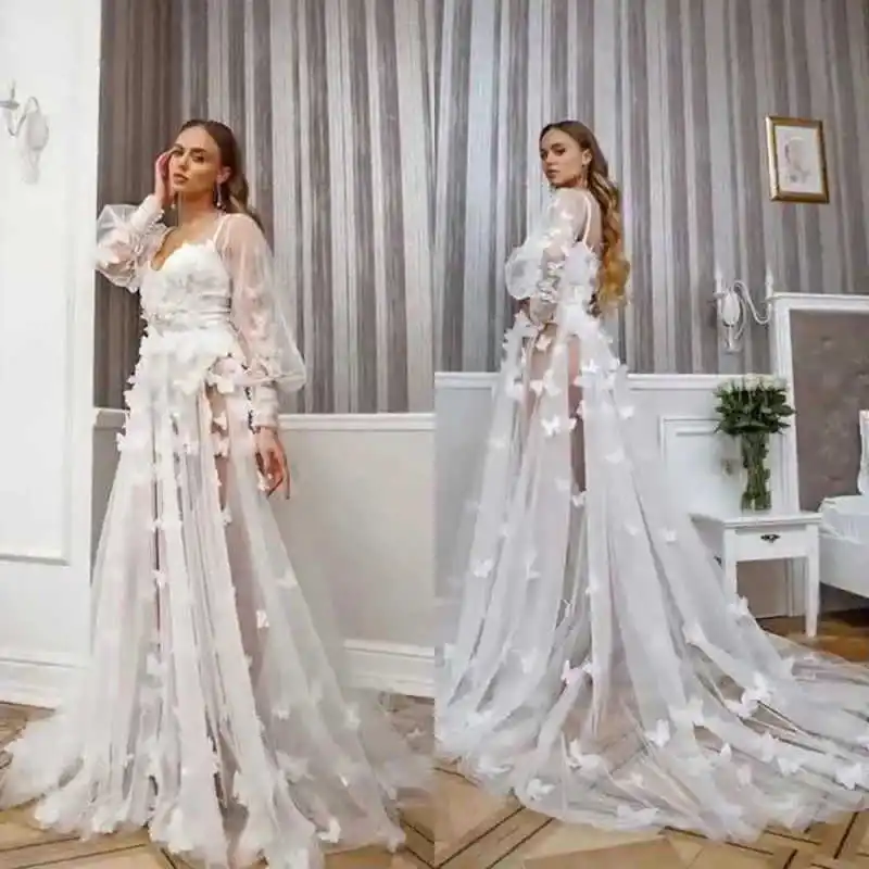 Illusion Sheer Women Bathrobe Loungewear Floral Appliques Lace Color Home Clothes Evening Dresses V-Neck Nightgowns Customized